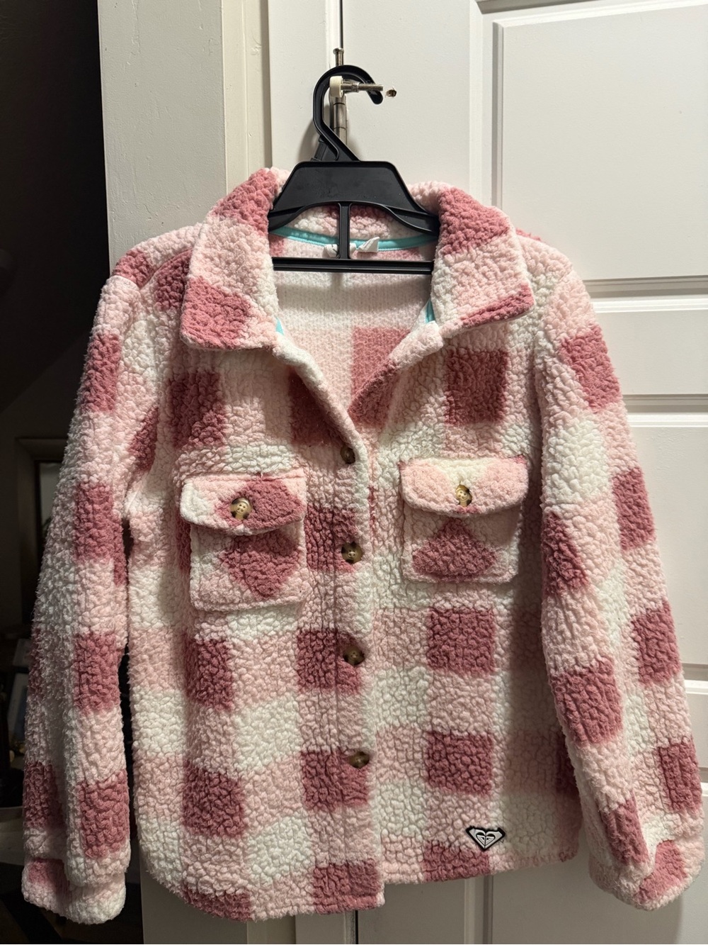 Roxy Girls' Pink and Cream Check Sherpa Shacket